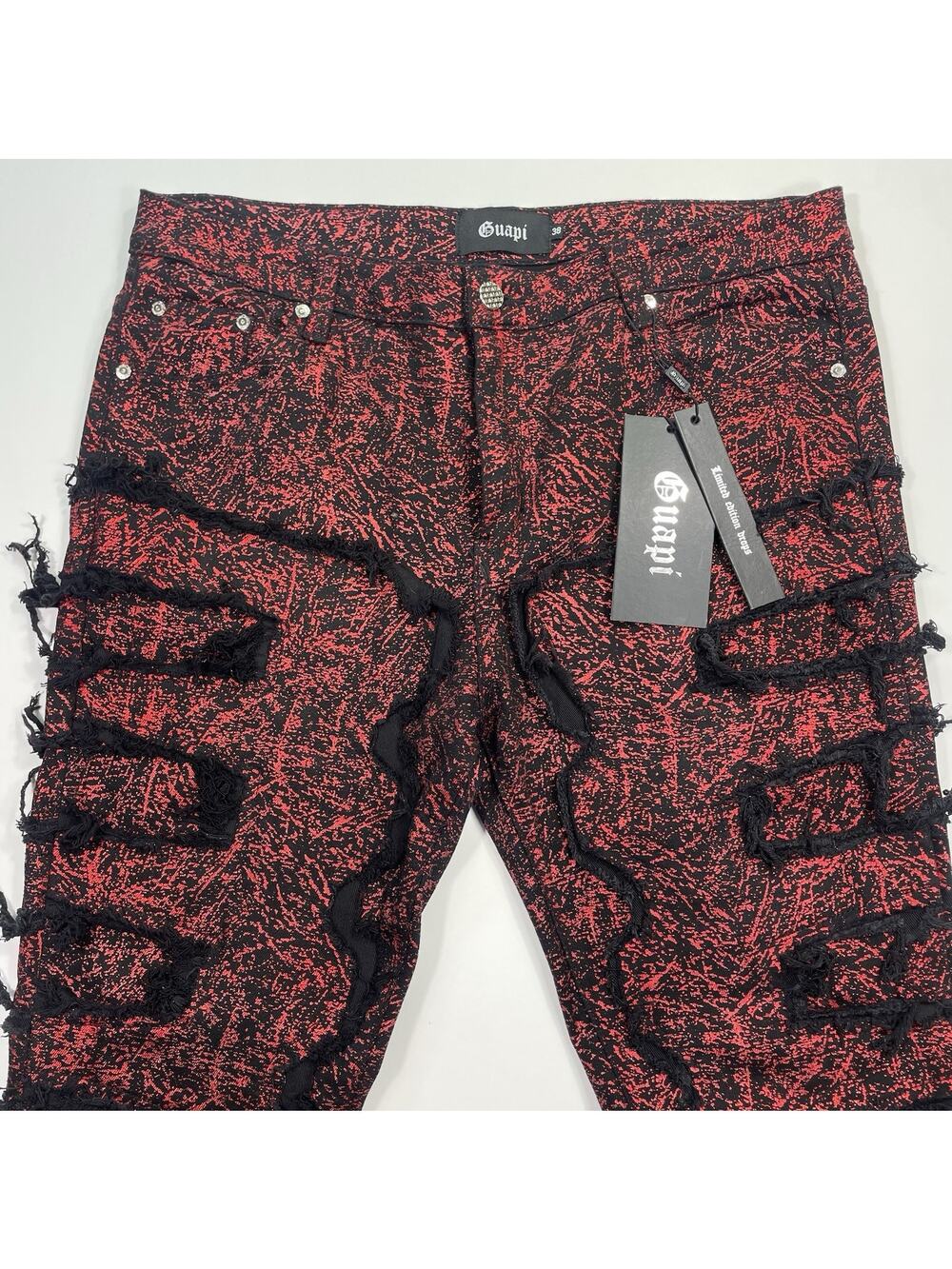 Guapi Stacked Jeans Mens 38 Red Black Print Stretch Tassle Heavy Weight New Tags